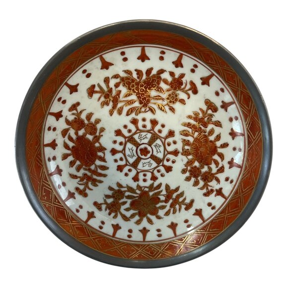 MCM Japanese Porcelain Bowls with Pewter Rims – ACF Hong Kong – Red & Gold Flora - Picture 2 of 8